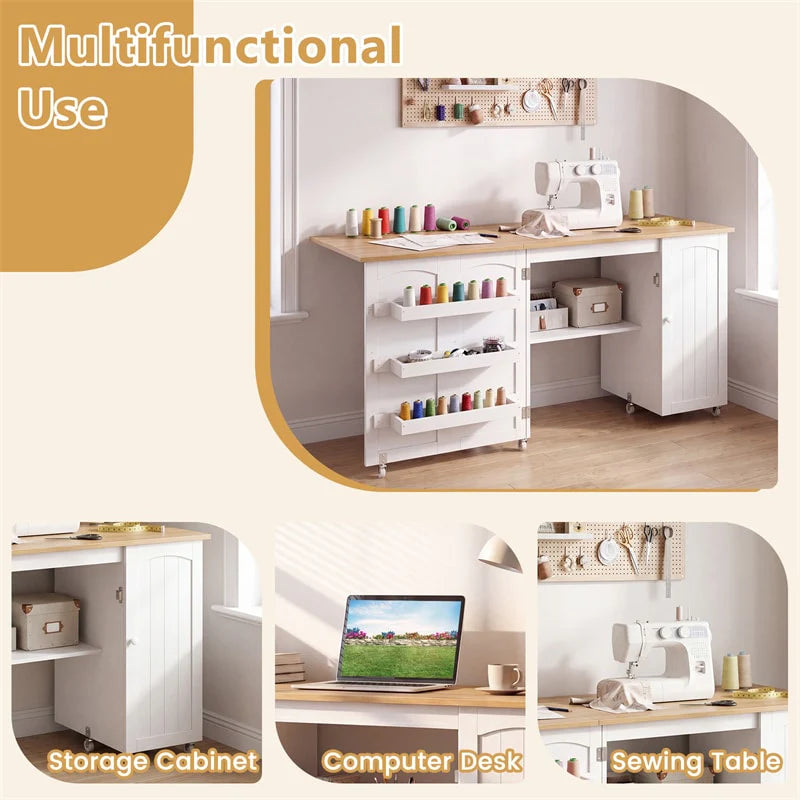 62.5" Folding Sewing Table Rolling Craft Station with Storage Cabinet & Shelves - Product image 28