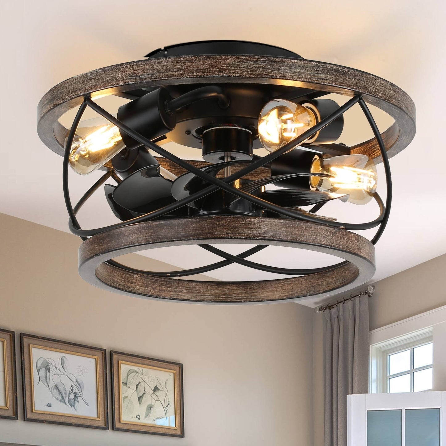 Oaks Aura Farmhouse 5-Light Cage Rustic Wood Chandelier, Adjustable Industrial Pendant Ceiling Light for - Product image 1
