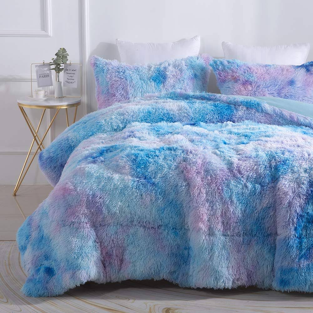 Wajade Faux Fur Plush Rainbow Comforter Set Fluffy Fuzzy Shaggy Bedding Set - Product image 1