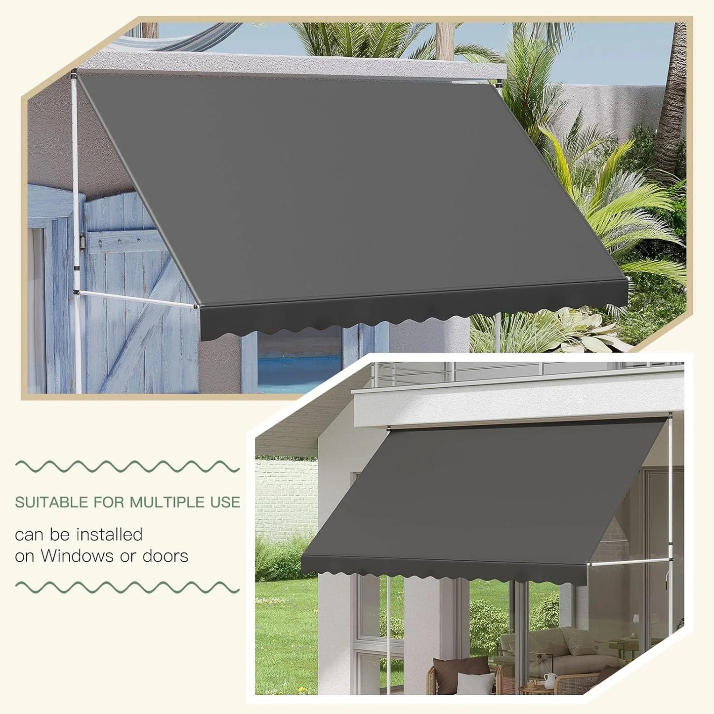 AECOJOY Manual Retractable Awning, 118" Non-Screw Outdoor Patio Awning, Dark Grey