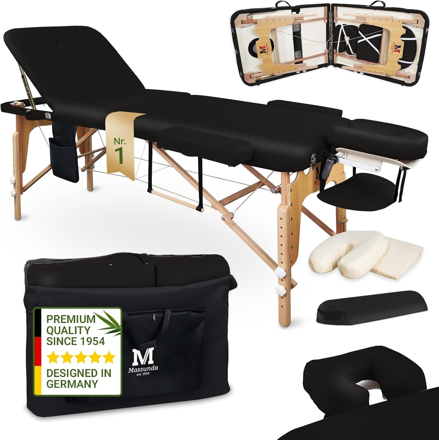 MASSUNDA All INKL Folding and Height-Adjustable Massage Chair – Mobile Solid Wood Massage Table with Sponge Cover, Armrests and Backrests, Ergonomic Headrest (Black)