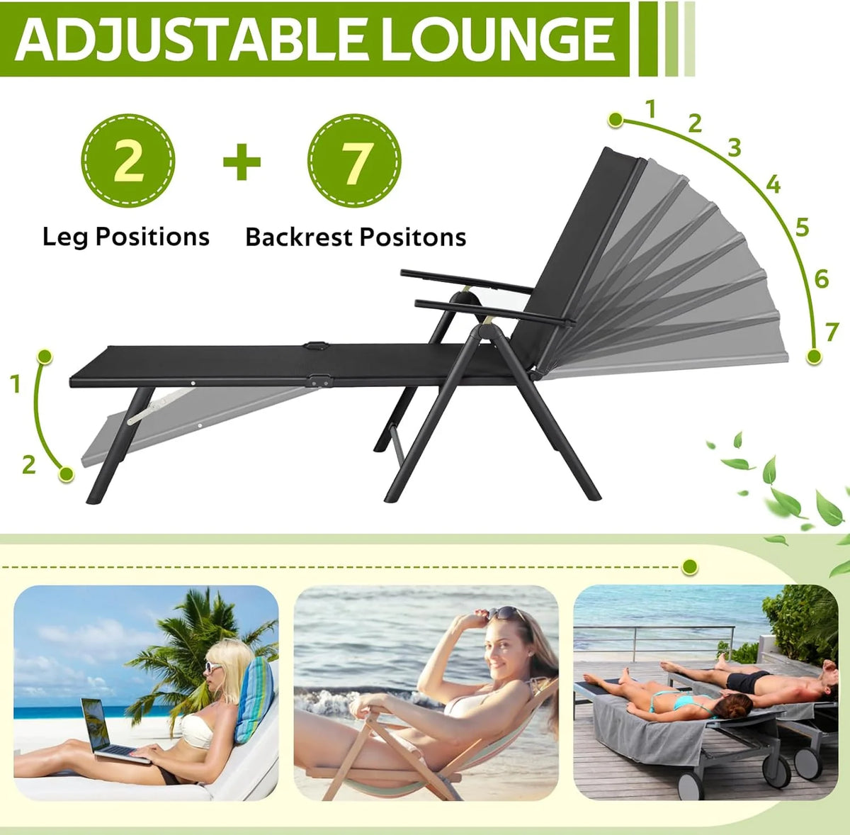 AECOJOY Outdoor Chaise Lounge Chair, Adjustable Reclining Folding Pool Lounger for Poolside - Product image 7