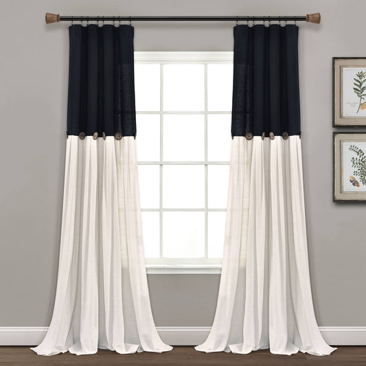 Lush Decor Linen Button Single Panel Window Curtain - 84"L x 40"W - Black & White