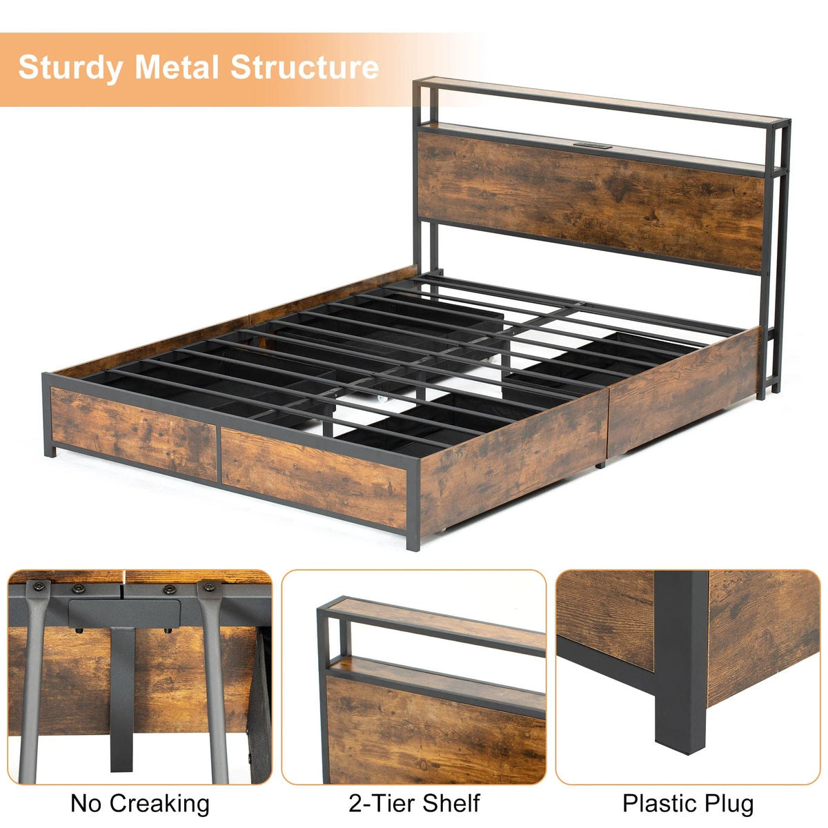 LED Full Bed Frame with Storage Headboard & 4 Drawers, Industrial Metal Platform Bed with Power Charging - Product image 9