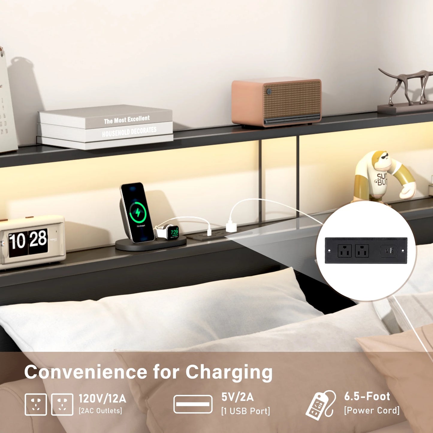 LED Full Bed Frame with Storage Headboard & 4 Drawers, Industrial Metal Platform Bed with Power Charging - Product image 12