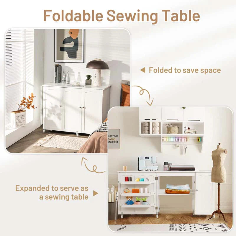62.5" Folding Sewing Table Rolling Craft Station with Storage Cabinet & Shelves - Product image 12