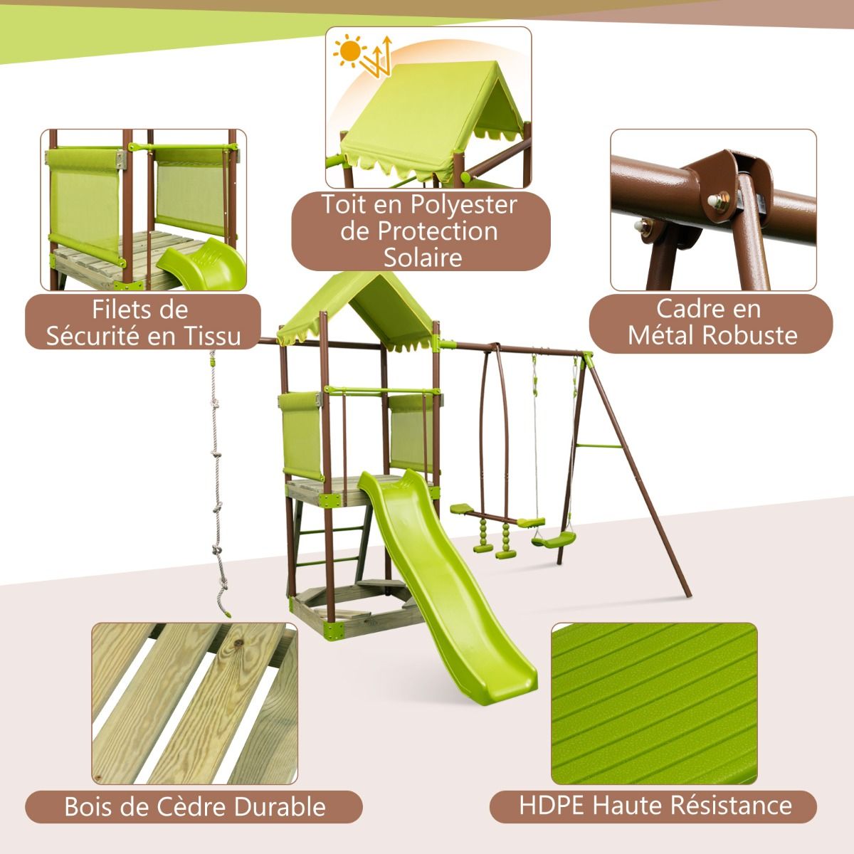 7-in-1 Swing Metal Playground with Covered Fort Height Adjustable Climbing Rope Sandbox Slider Corrugated Slide Green -