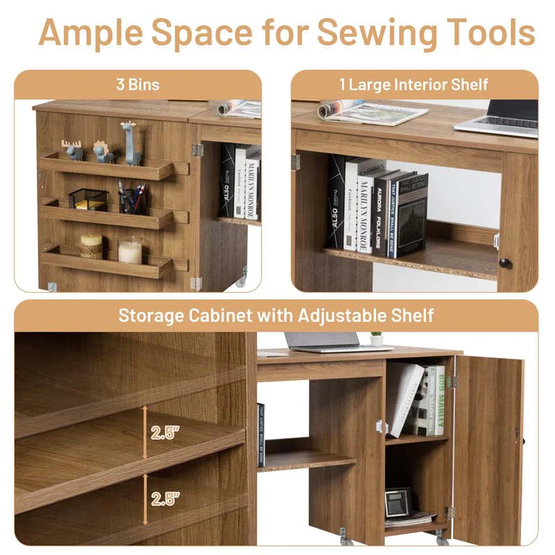 62.5" Folding Sewing Table Rolling Craft Station with Storage Cabinet & Shelves - Product image 6