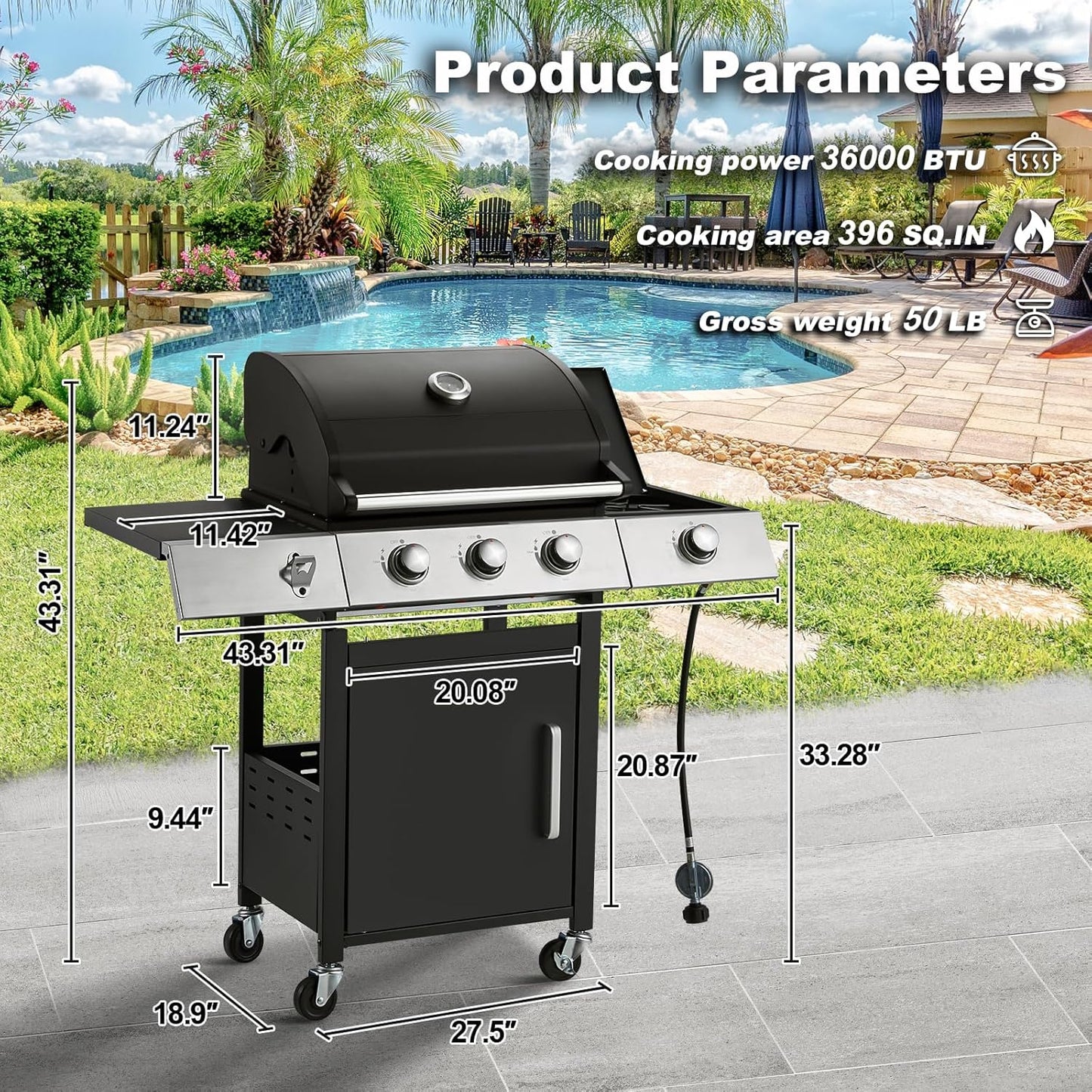 Upgraded 4 Burner BBQ Propane Gas Grill with Cast Iron Grates & Side Stove, 44 - Product image 44