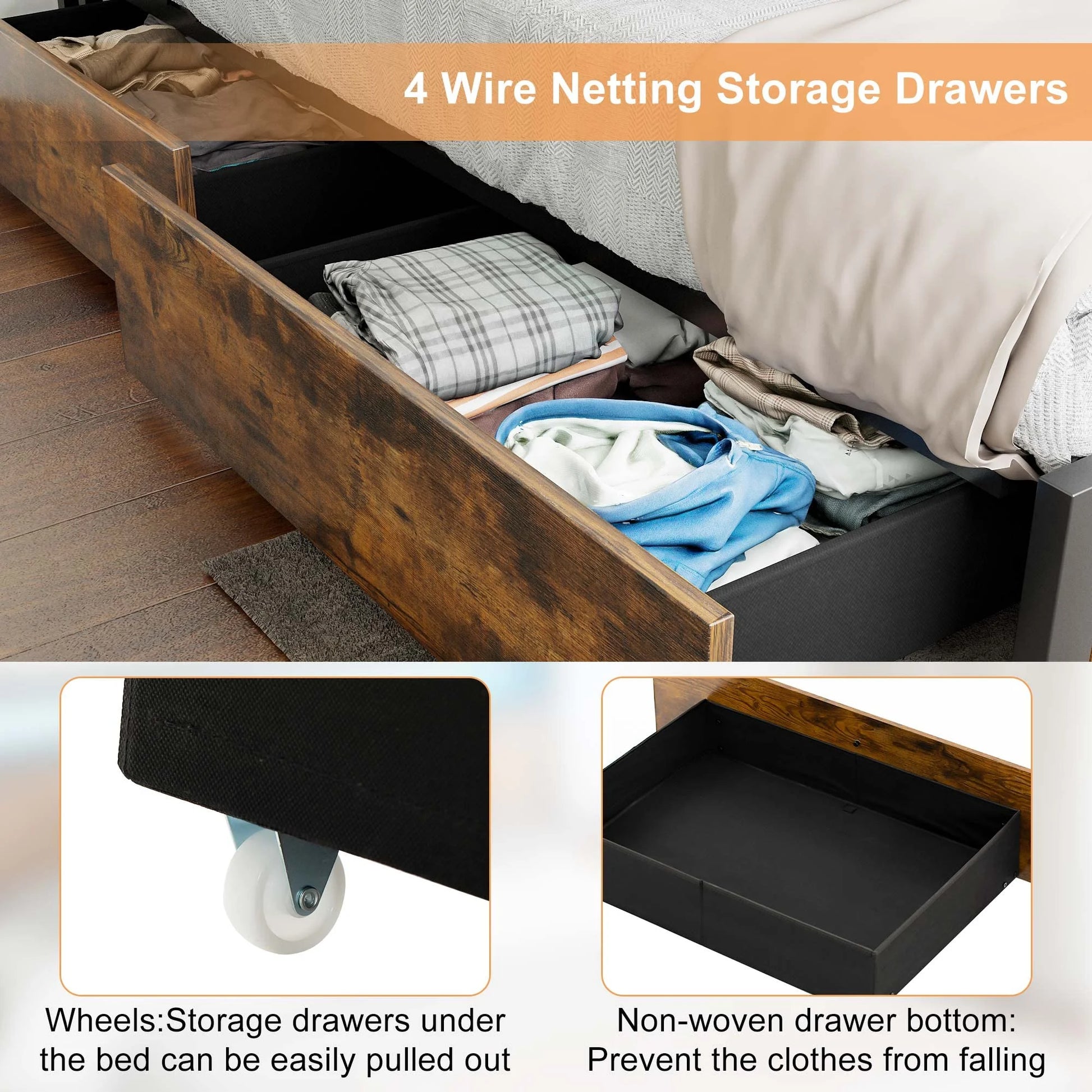 LED Full Bed Frame with Storage Headboard & 4 Drawers, Industrial Metal Platform Bed with Power Charging - Product image 5