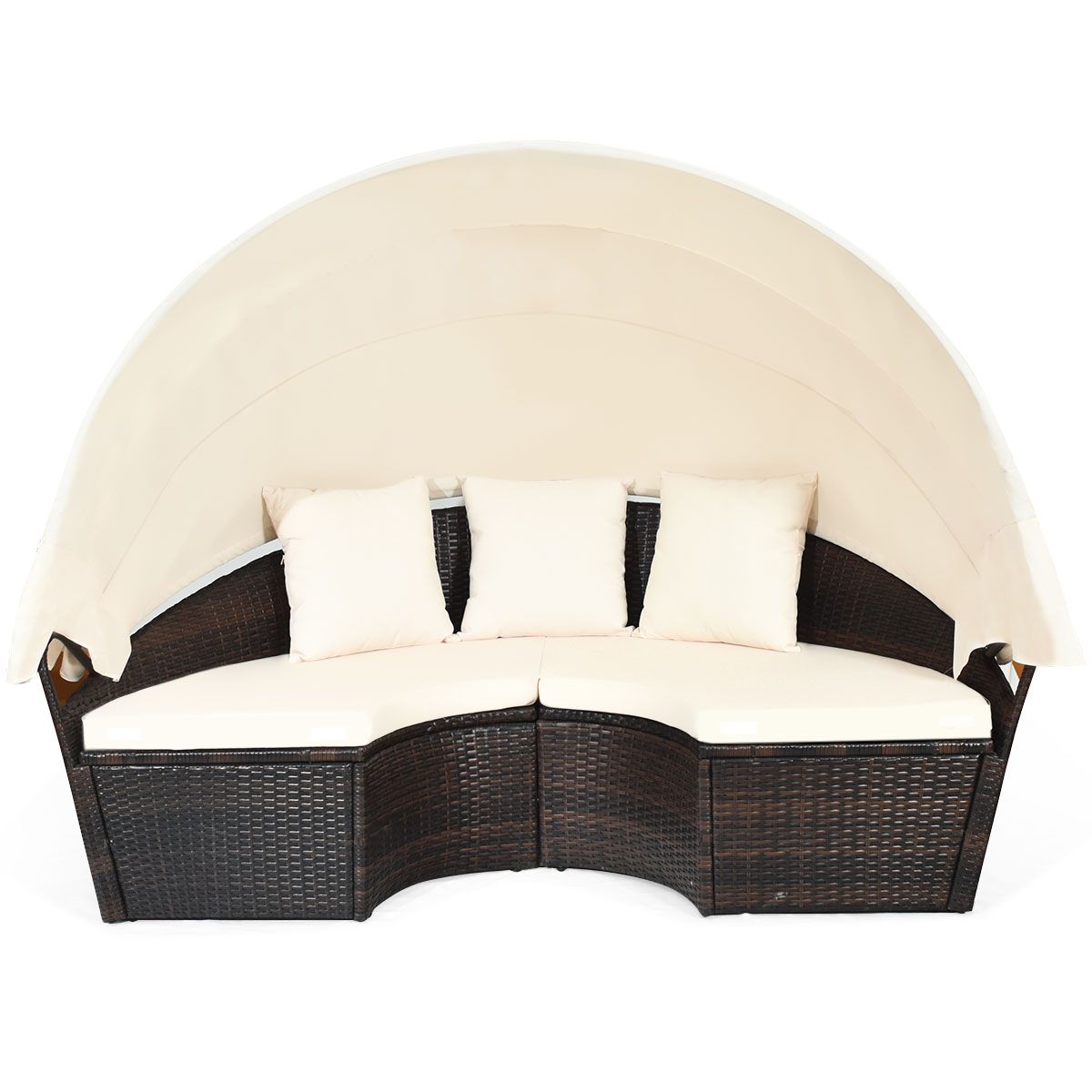 Round Outdoor Garden Bed Modular & Convertible Liftable Table - Adjustable PE Rattan Sun Shade Cushions Included Beige -
