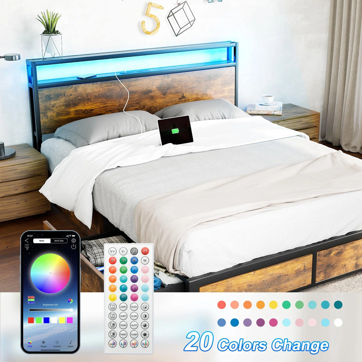 LED Full Bed Frame with Storage Headboard & 4 Drawers, Industrial Metal Platform Bed with Power Charging - Product image 2
