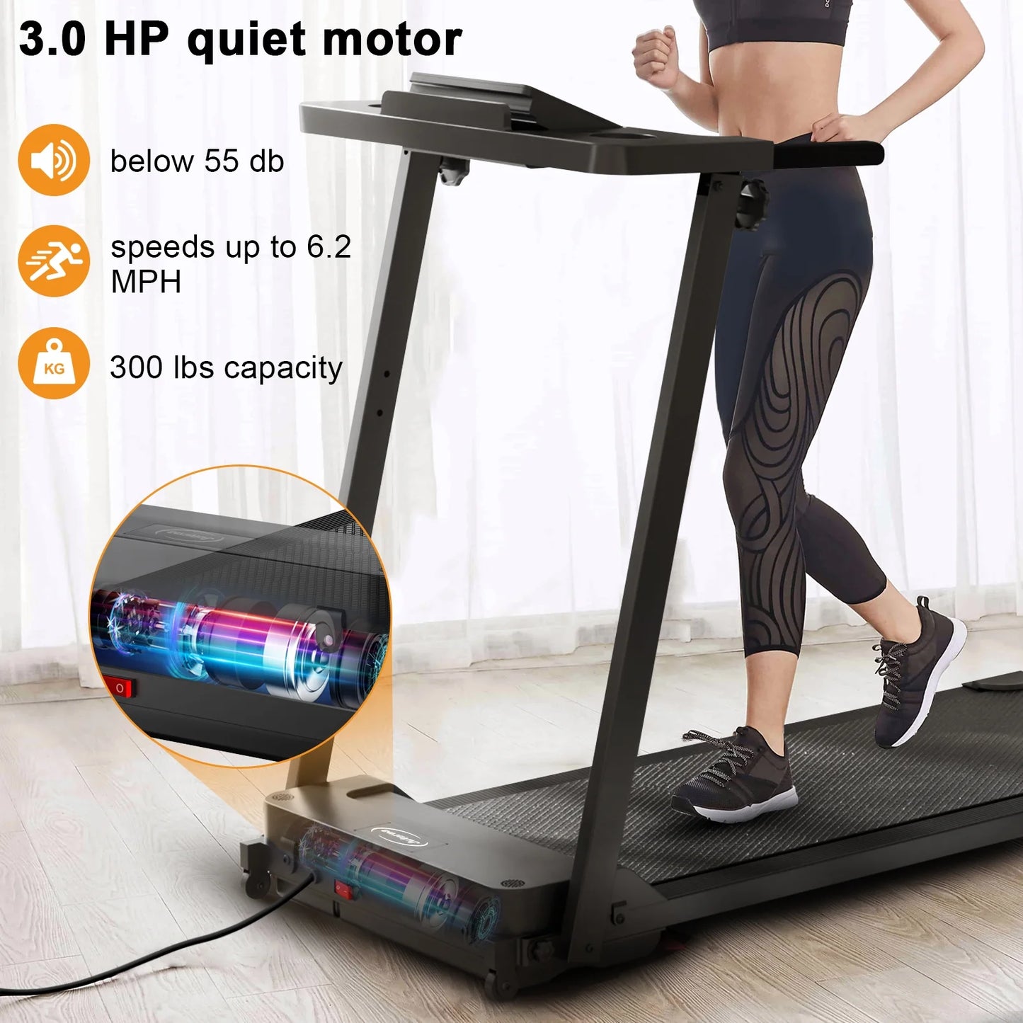 300 lb Portable Folding Treadmill, 3.0 HP Foldable Compact Treadmill for Home Office - Product image 6