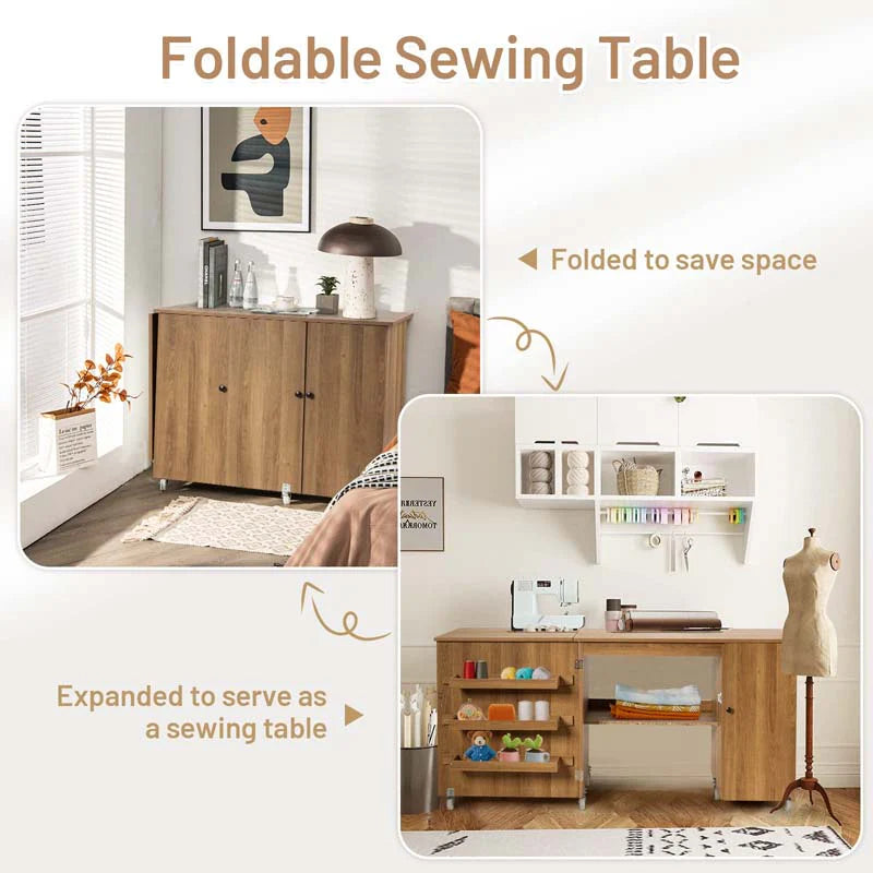 62.5" Folding Sewing Table Rolling Craft Station with Storage Cabinet & Shelves - Product image 5