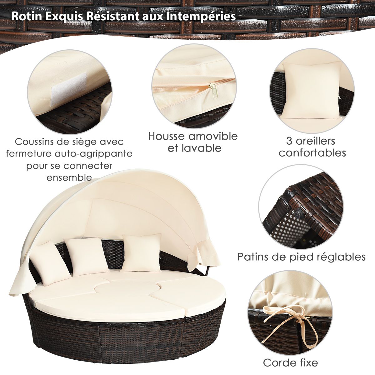 Round Outdoor Garden Bed Modular & Convertible Liftable Table - Adjustable PE Rattan Sun Shade Cushions Included Beige -