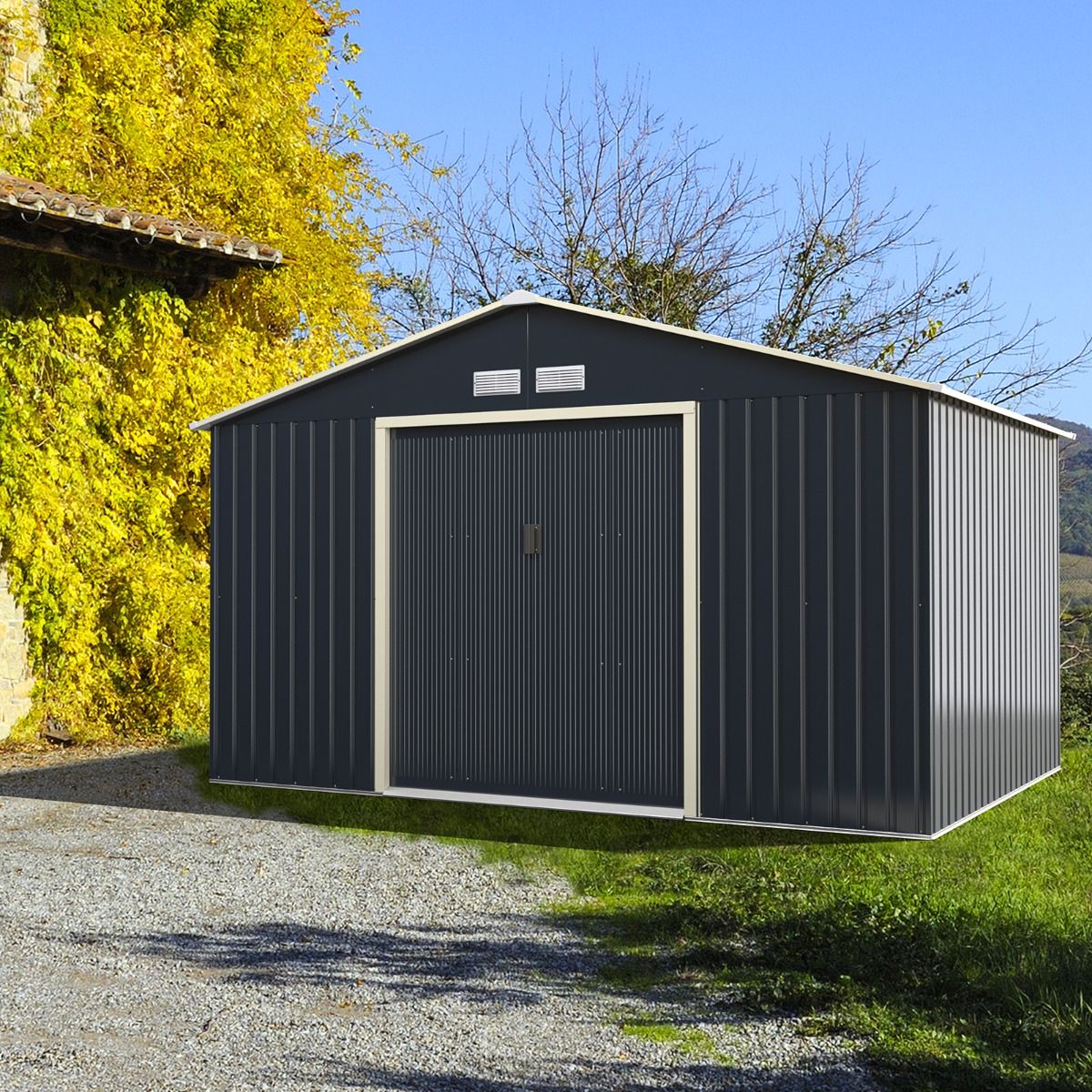 Metal Garden Shed 8.67 340 x 255 x 210 cm with 2 Lockable Sliding Doors 4 Ventilation Holes Gray for Bicycle -