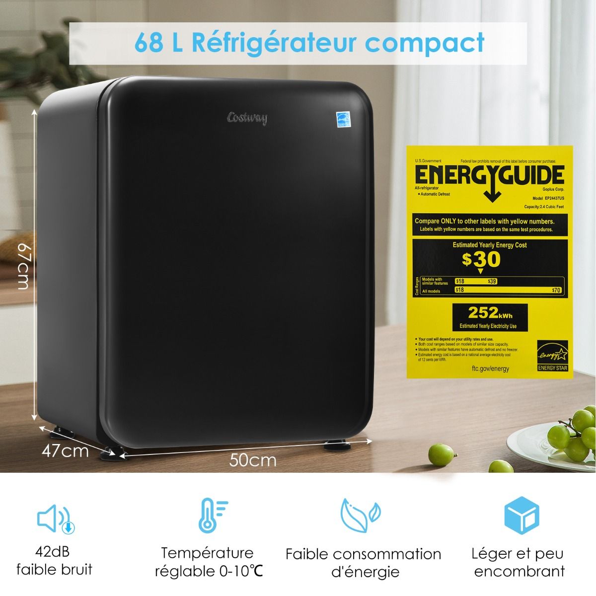 Mini Fridge 68L 220-240V Removable Shelves and Reversible Door Temperature 0°C - 10°C for Home Bedroom Office -