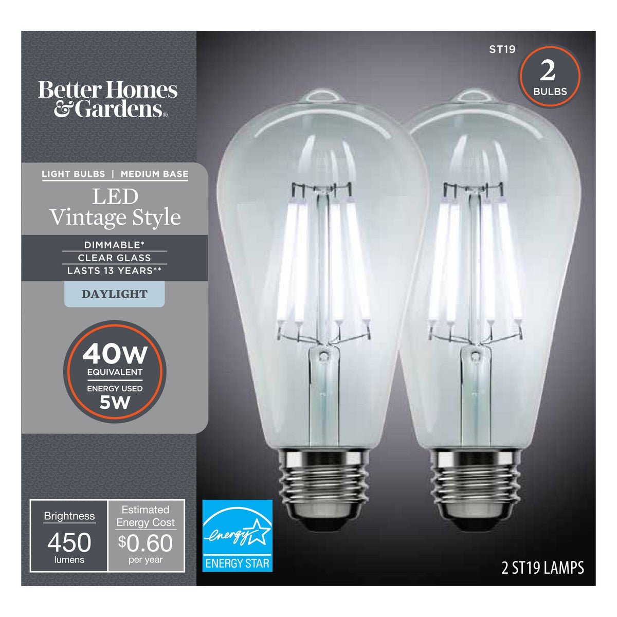 Better Homes & Gardens LED Vintage Style Light Bulb, ST19 40 Watts Daylight Classic Filament, Medium Base - Product image 1