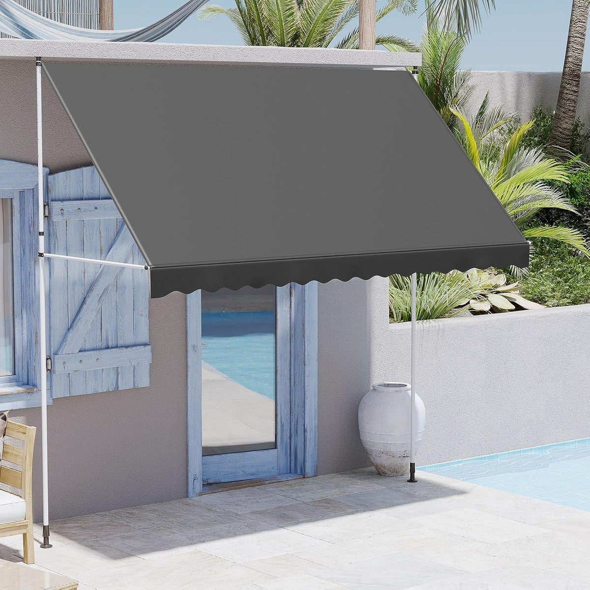 AECOJOY Manual Retractable Awning, 118" Non-Screw Outdoor Patio Awning, Dark Grey