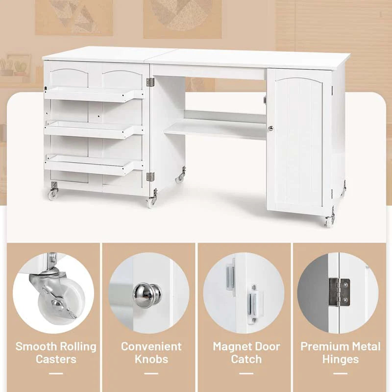 62.5" Folding Sewing Table Rolling Craft Station with Storage Cabinet & Shelves - Product image 14
