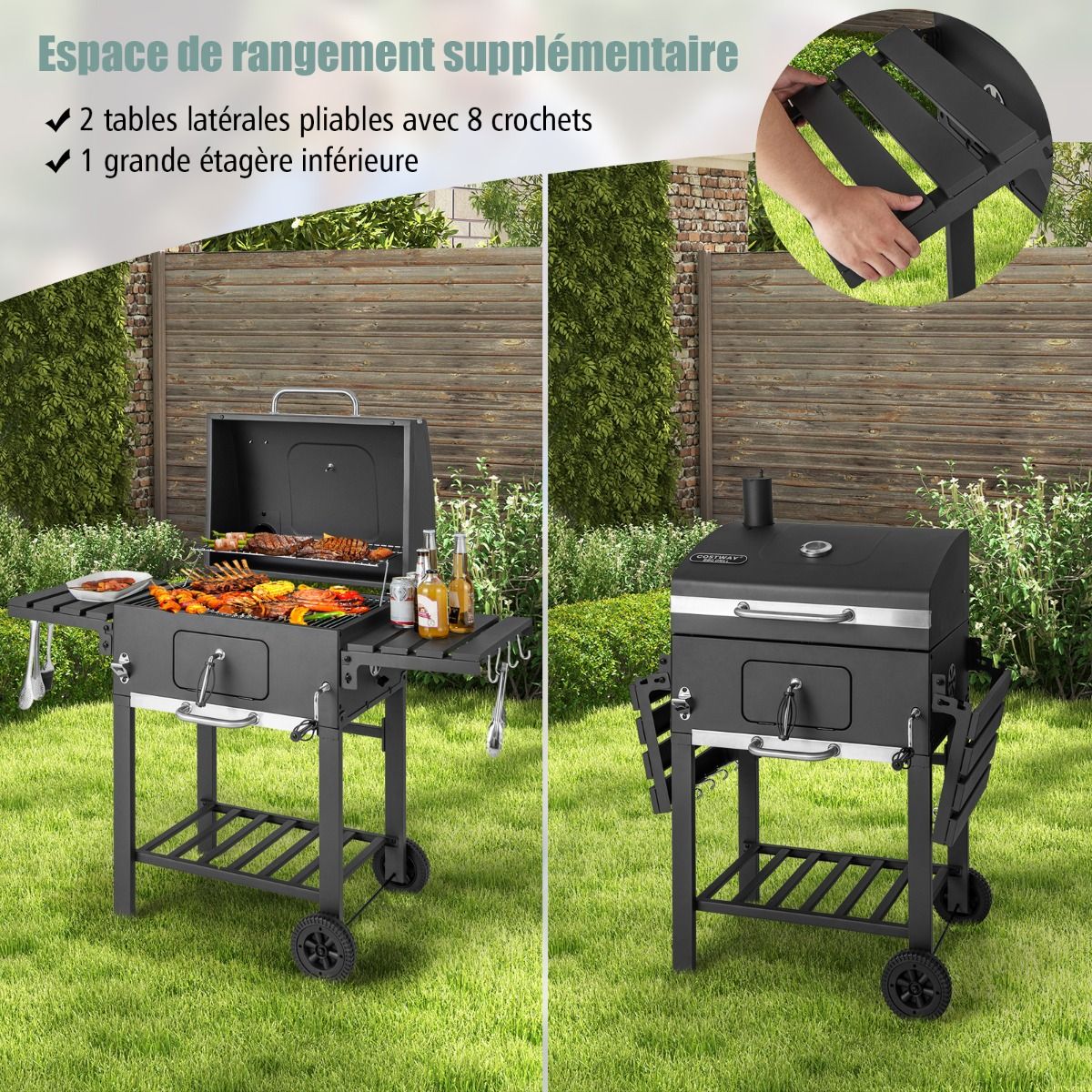 Portable Charcoal Barbecue with 2 Side Tables Black -