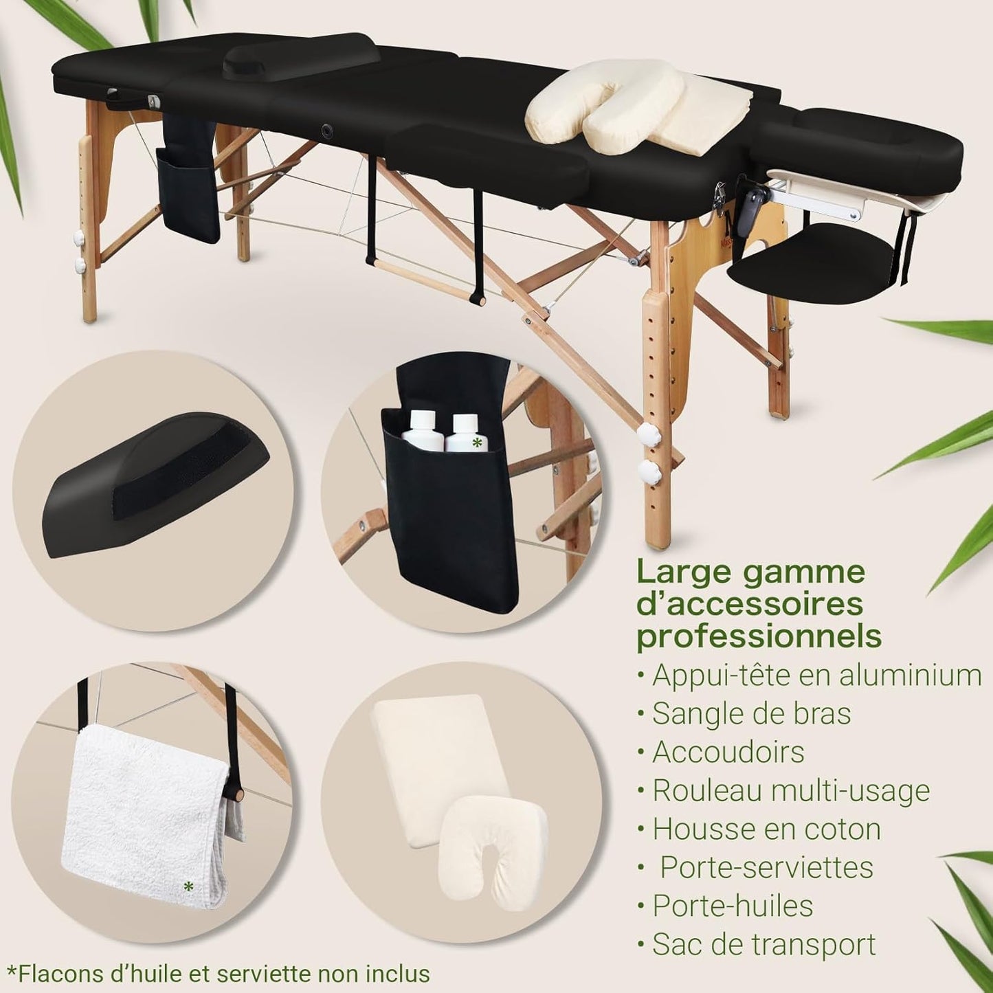 MASSUNDA All INKL Folding and Height-Adjustable Massage Chair – Mobile Solid Wood Massage Table with Sponge Cover, Armrests and Backrests, Ergonomic Headrest (Black)