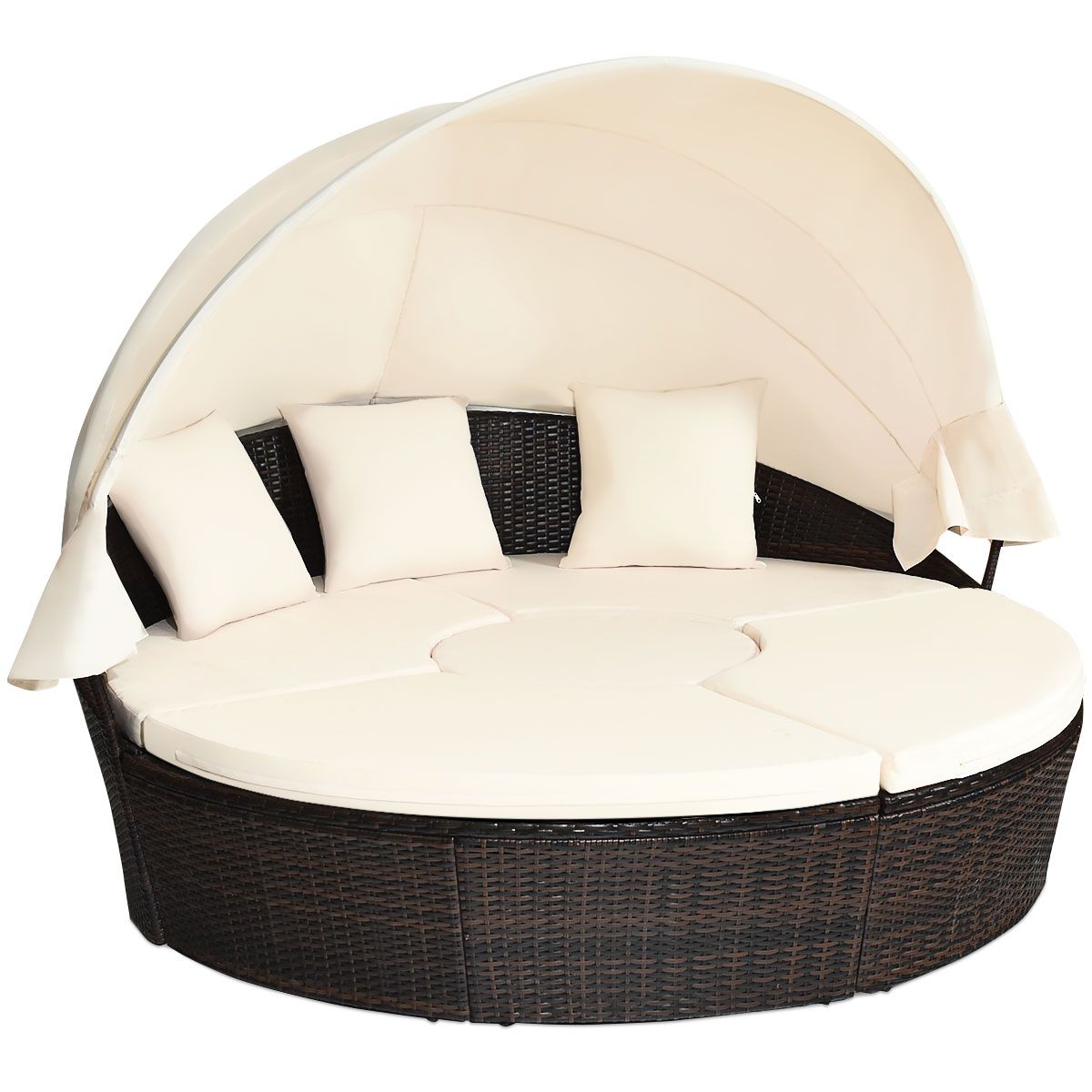 Round Outdoor Garden Bed Modular & Convertible Liftable Table - Adjustable PE Rattan Sun Shade Cushions Included Beige -