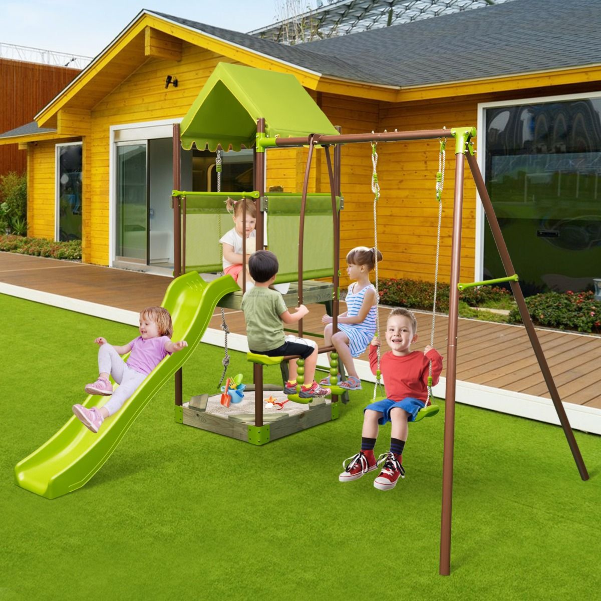 7-in-1 Swing Metal Playground with Covered Fort Height Adjustable Climbing Rope Sandbox Slider Corrugated Slide Green -