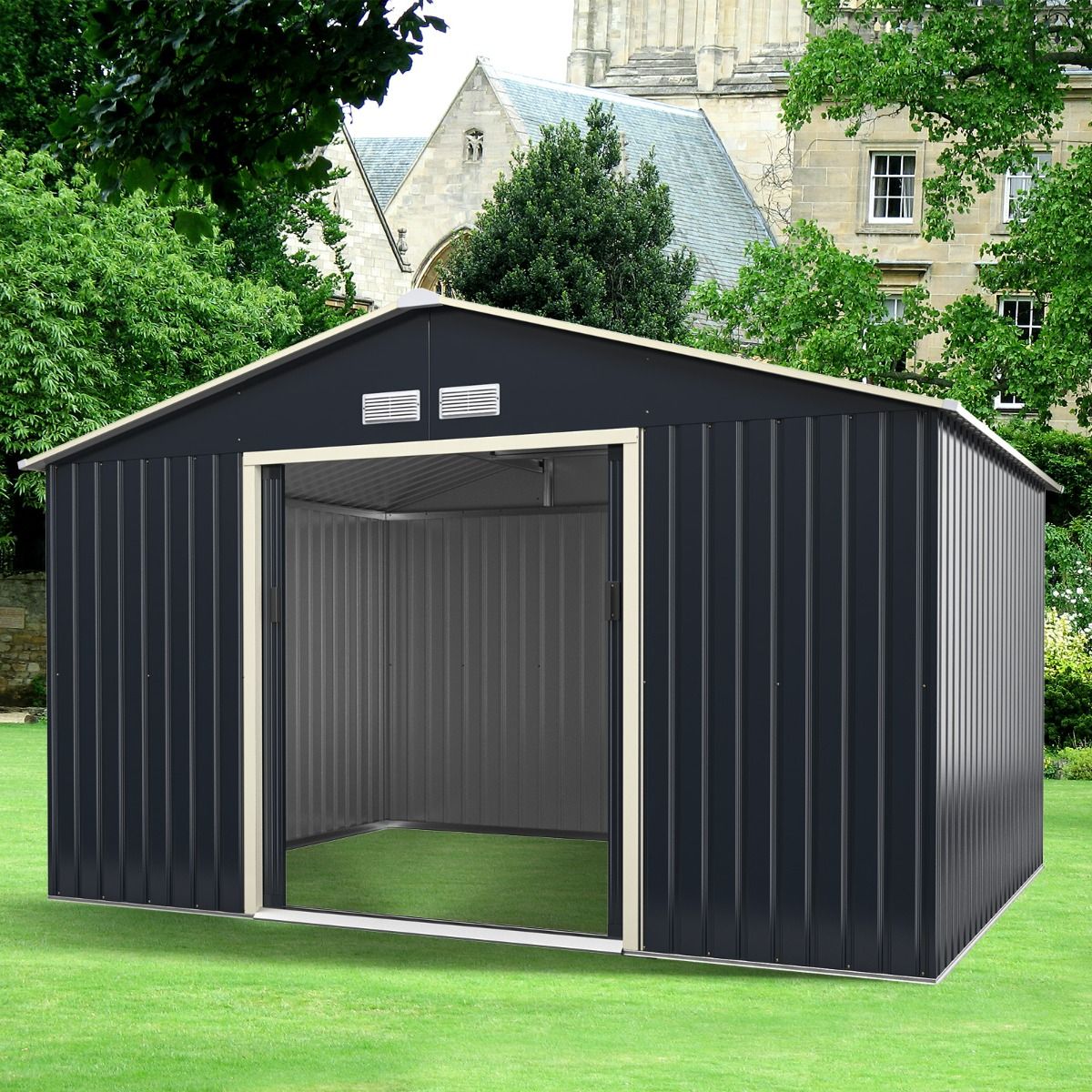 Metal Garden Shed 8.67 340 x 255 x 210 cm with 2 Lockable Sliding Doors 4 Ventilation Holes Gray for Bicycle -