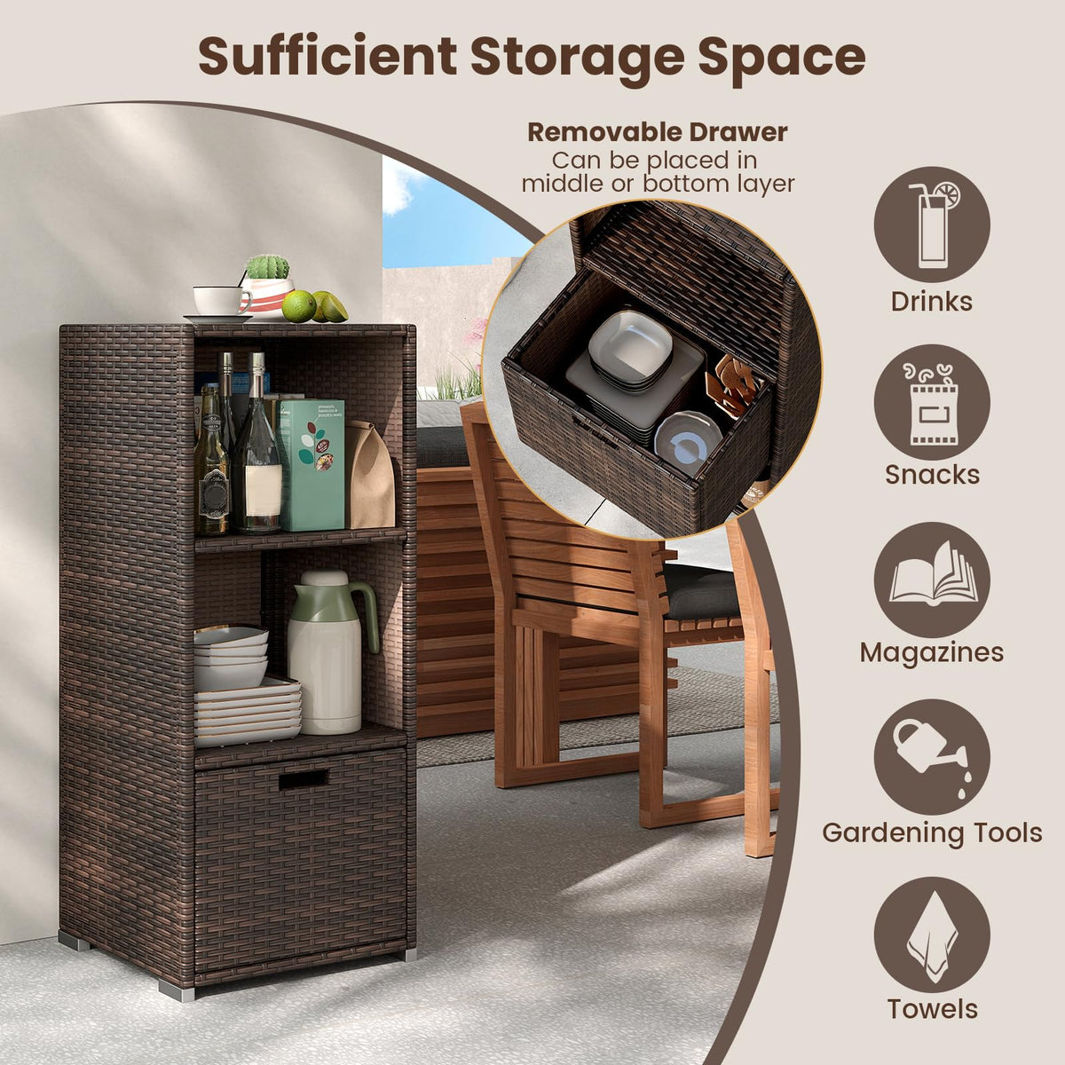 Tangkula Rattan Patiojoy Outdoor Wicker Cabinet with 3 Shelves - Product image 6
