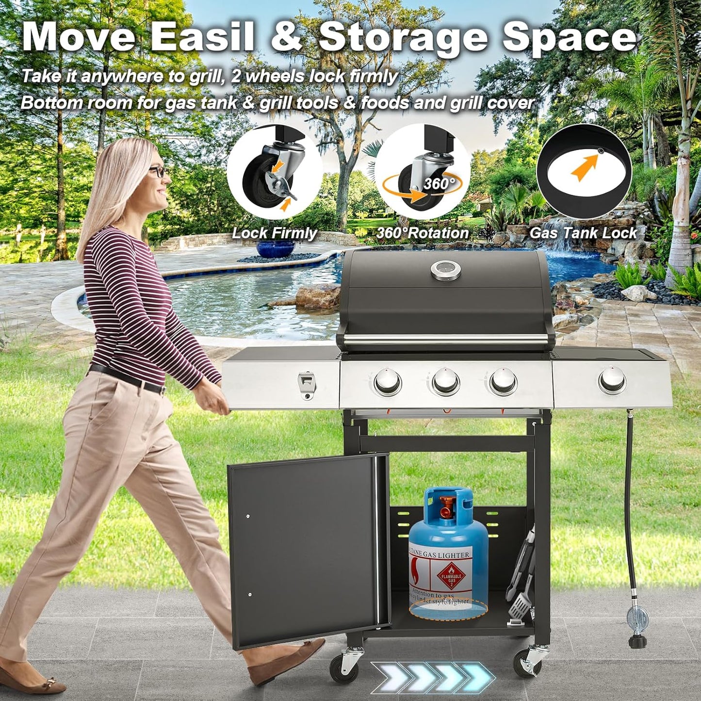 Upgraded 4 Burner BBQ Propane Gas Grill with Cast Iron Grates & Side Stove, 44 - Product image 45
