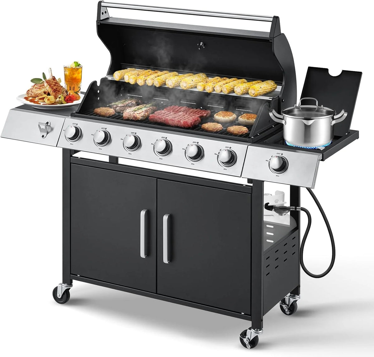 Upgraded 4 Burner BBQ Propane Gas Grill with Cast Iron Grates & Side Stove, 44 - Product image 1