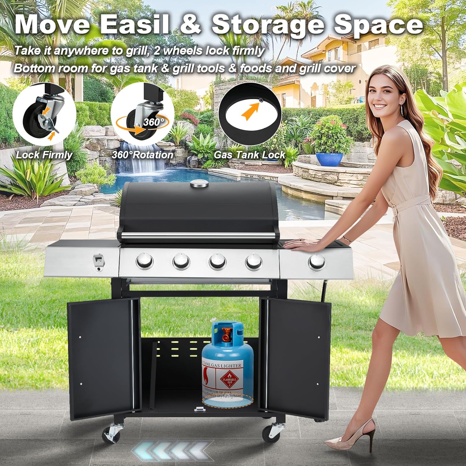 Upgraded 4 Burner BBQ Propane Gas Grill with Cast Iron Grates & Side Stove, 44 - Product image 53