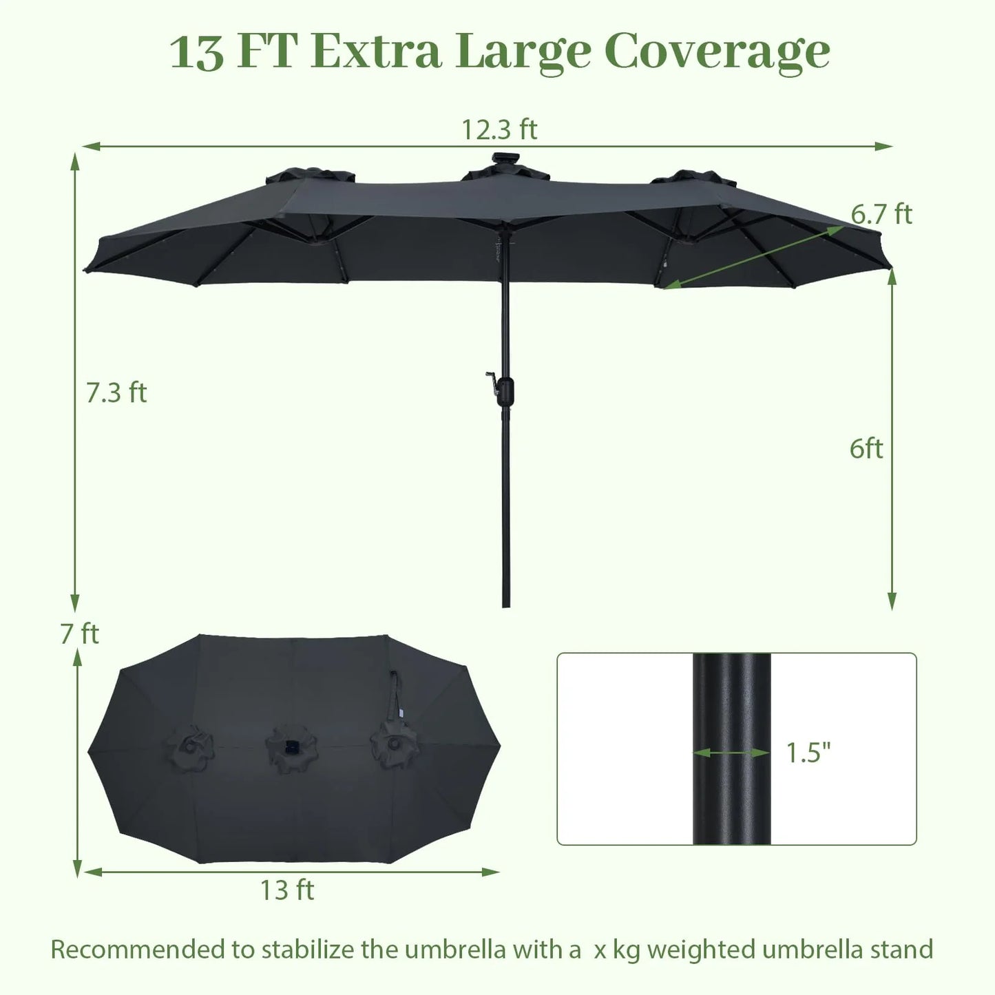 Tangkula 13 Ft Solar Patio Umbrella 36 LED Lights Crank Handle 12 Sturdy Ribs - Product image 6