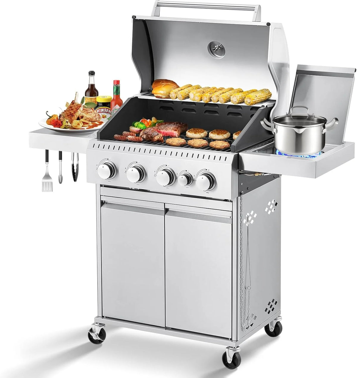 Upgraded 4 Burner BBQ Propane Gas Grill with Cast Iron Grates & Side Stove, 44 - Product image 5