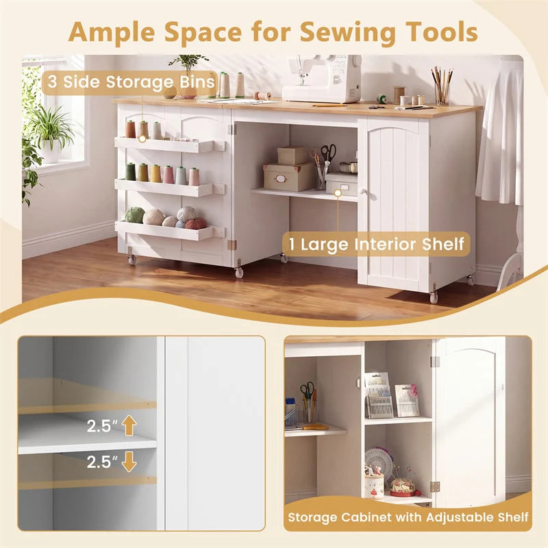 62.5" Folding Sewing Table Rolling Craft Station with Storage Cabinet & Shelves - Product image 27