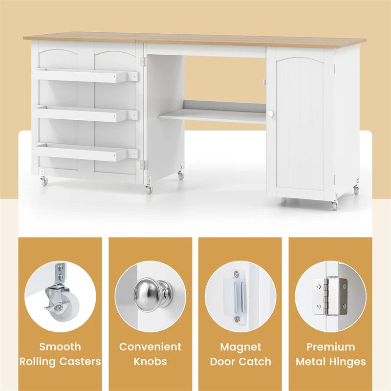 62.5" Folding Sewing Table Rolling Craft Station with Storage Cabinet & Shelves - Product image 25