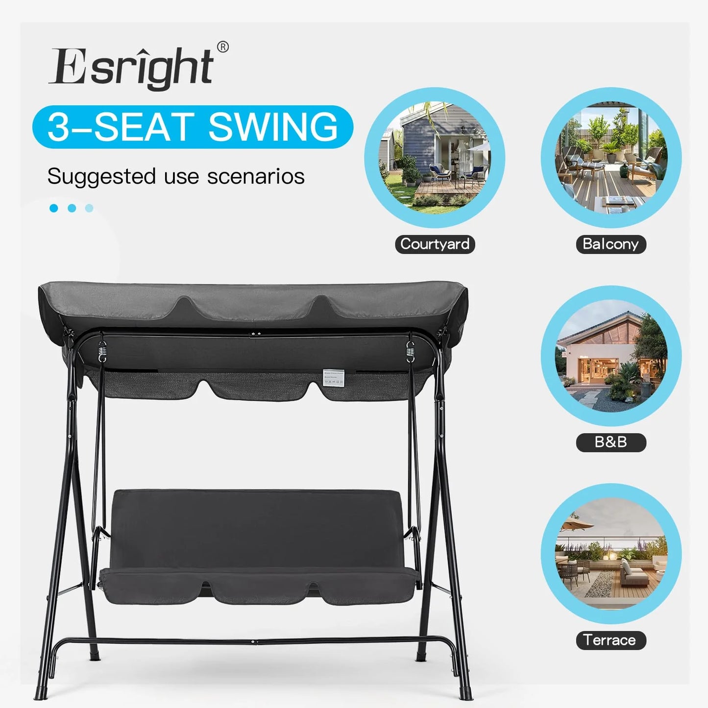 AECOJOY 3-Seat Outdoor Patio Swing Chair, Gray - Product image 6
