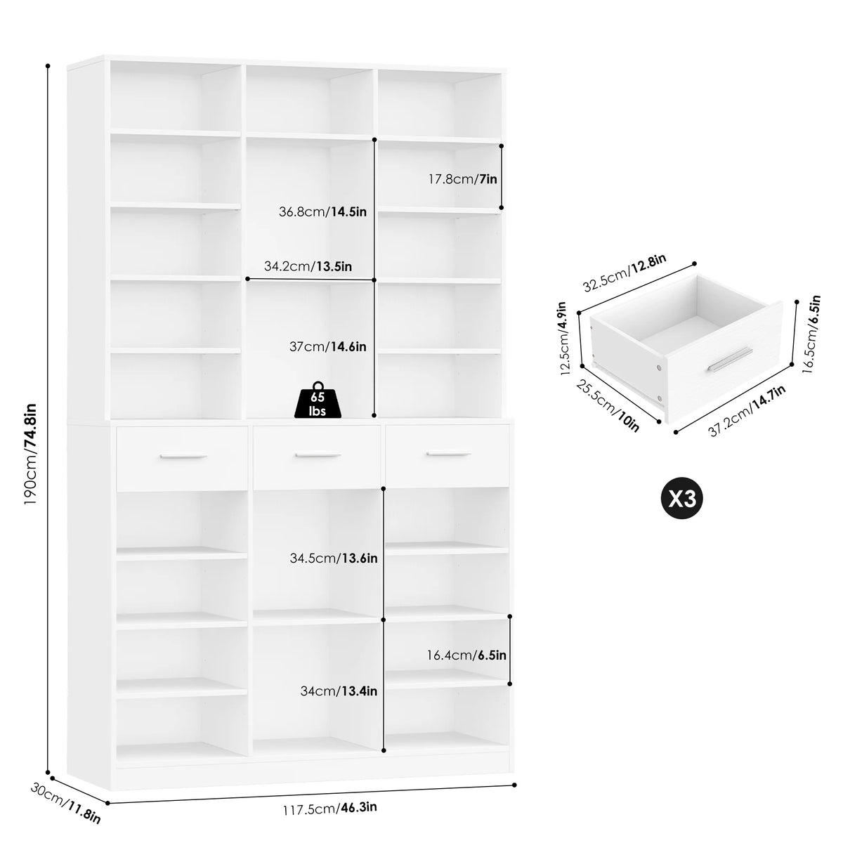 Homfa 75 - Inch Bookshelf and Bookcase with 3 Drawers, Wooden Storage Book Shelf with Adjustable Shelves - Product image 8