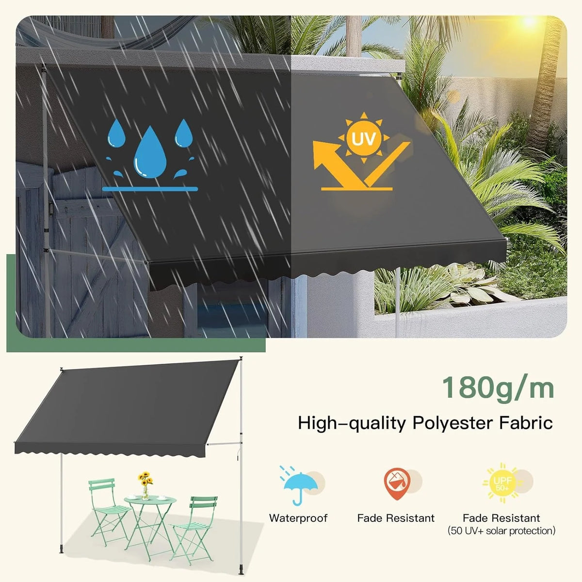 AECOJOY Manual Retractable Awning, 118" Non-Screw Outdoor Patio Awning, Dark Grey