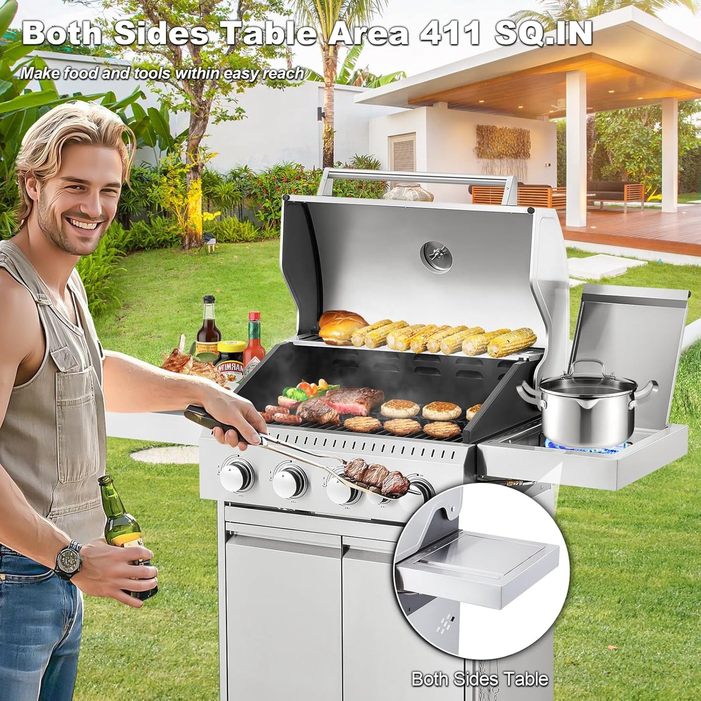 Upgraded 4 Burner BBQ Propane Gas Grill with Cast Iron Grates & Side Stove, 44 - Product image 41