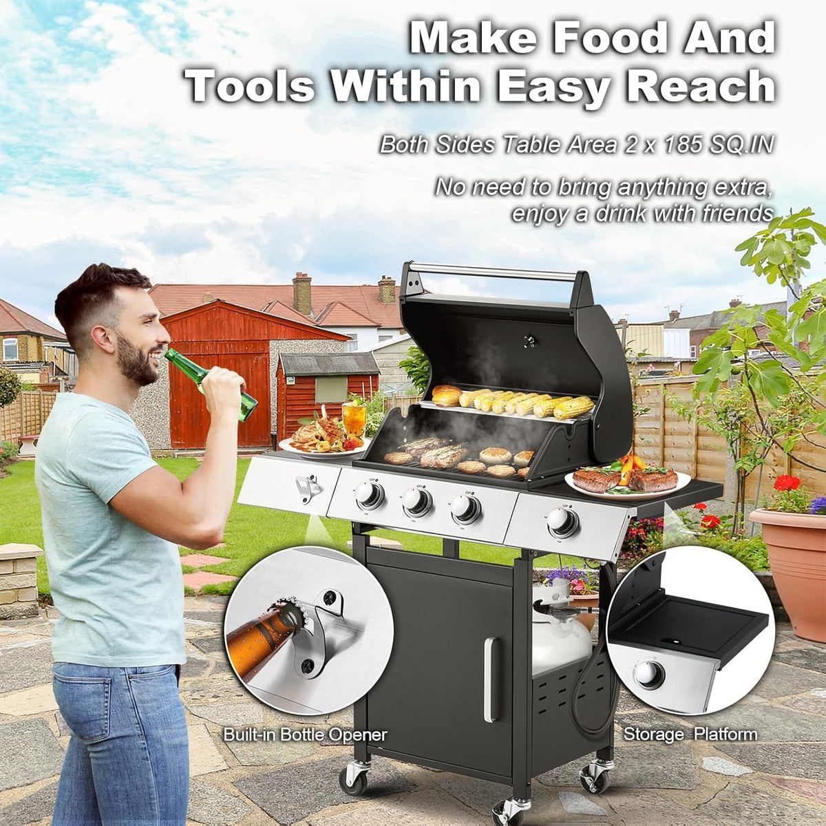 Upgraded 4 Burner BBQ Propane Gas Grill with Cast Iron Grates & Side Stove, 44 - Product image 48