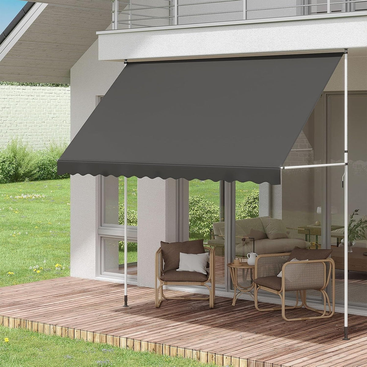 AECOJOY Manual Retractable Awning, 118" Non-Screw Outdoor Patio Awning, Dark Grey